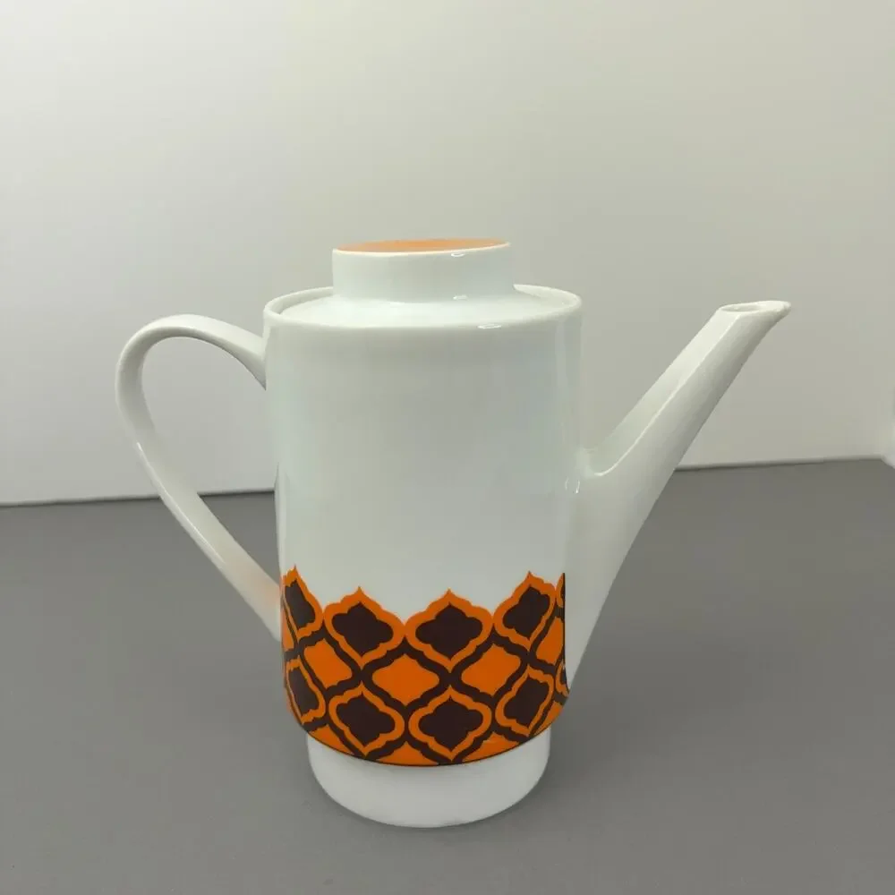 VTG Melitta Germany Coffee Pot White Orange Brown Geometric Atomic MCM Porcelain